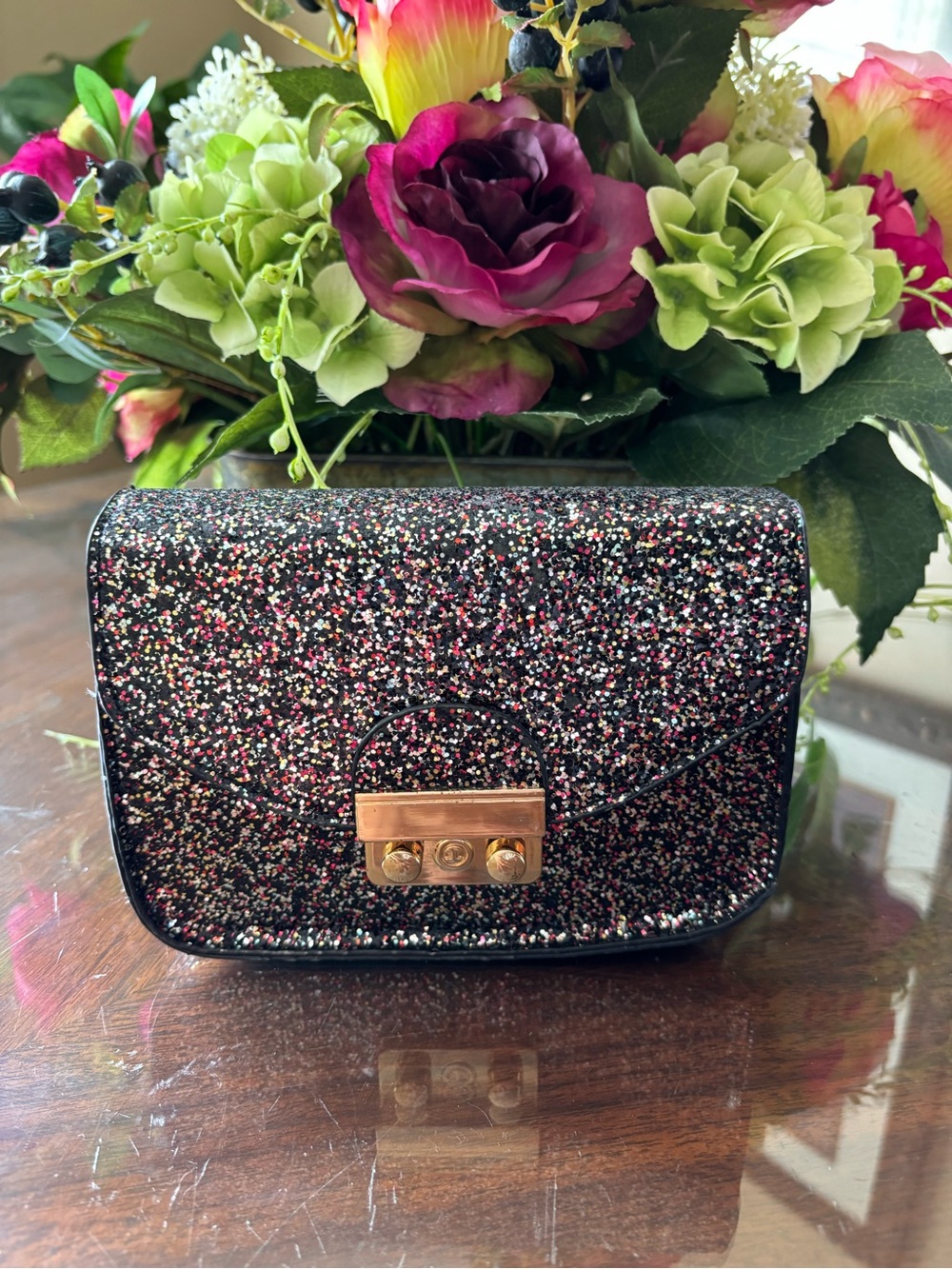 Black Glitter Shoulder Bag with Gold-Tone Lock